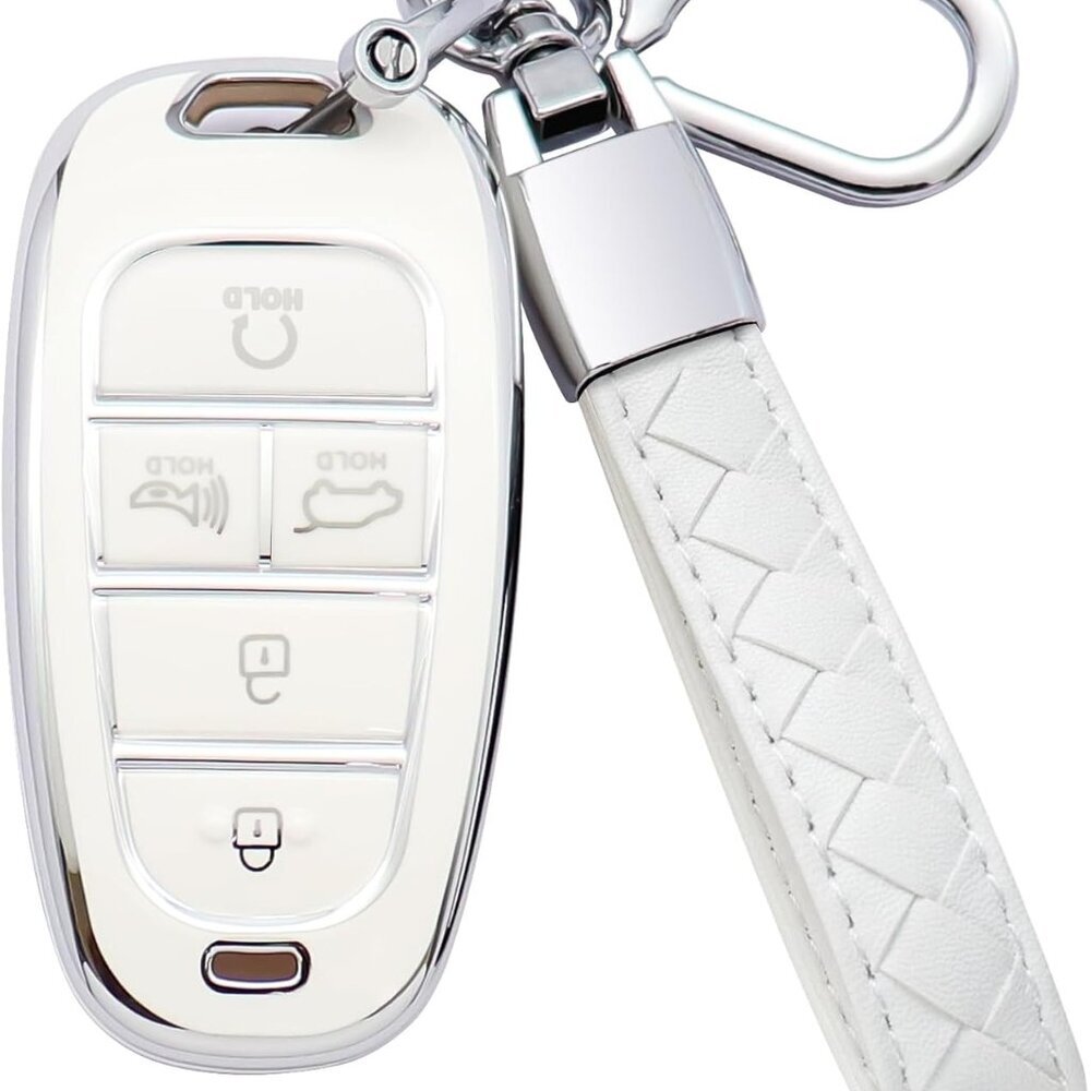 for Hyundai Key Fob Cover 5 Button Soft TPU with Leather Keychain 360 Degree Pro